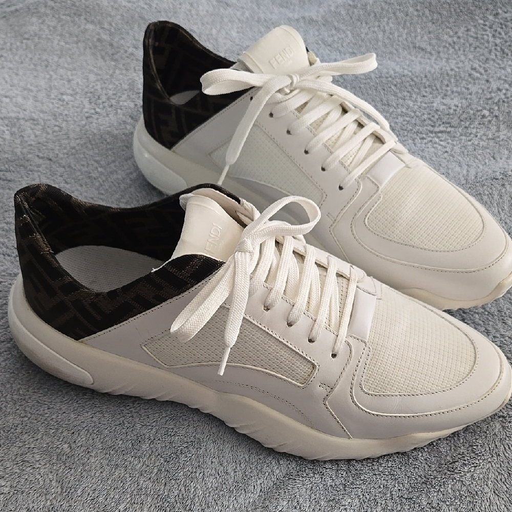 Fendi White Sneakers with Black/Brown Zucca Accents EUC